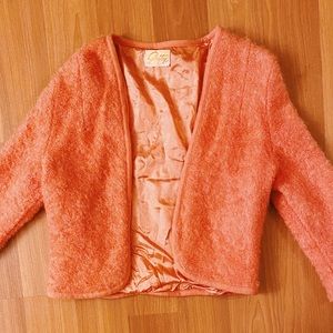 Vintage 1960s fuzzy salmon pink Glentex open cardigan sweater